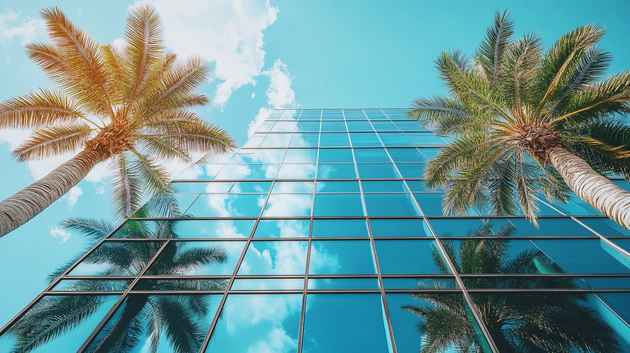 Looking up at a tall building with palm trees in front of it.