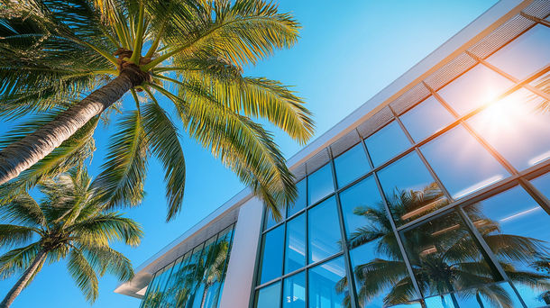 A building with a lot of windows and palm trees in front of it.