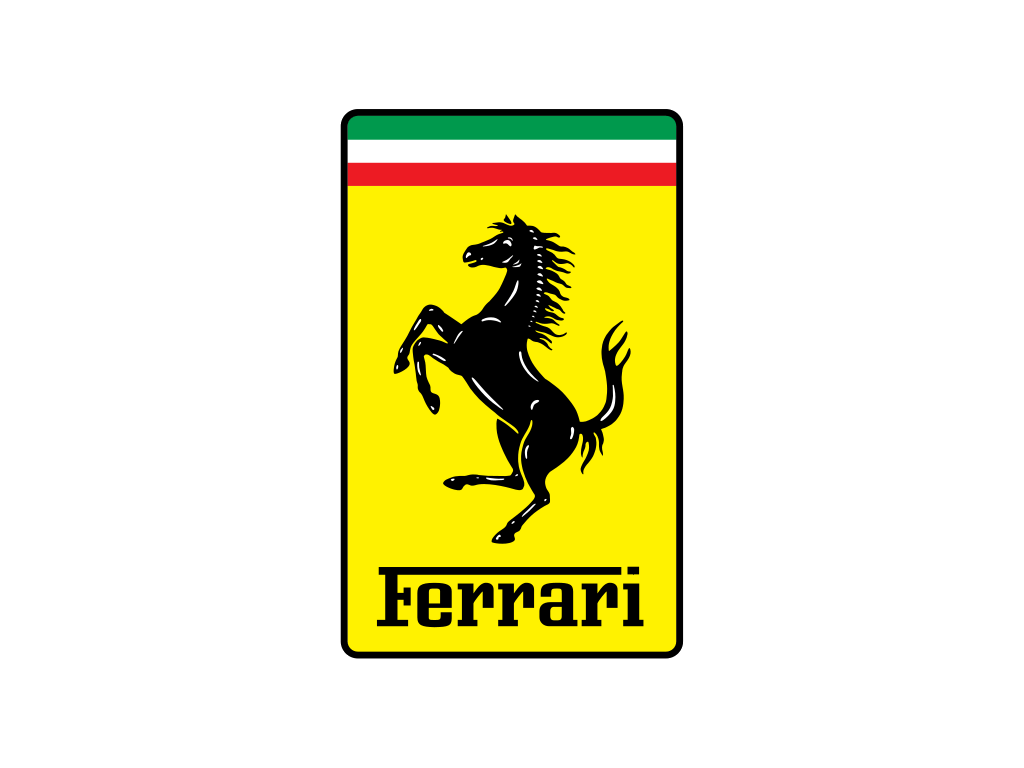 A ferrari logo with a black horse on its hind legs on a yellow background.