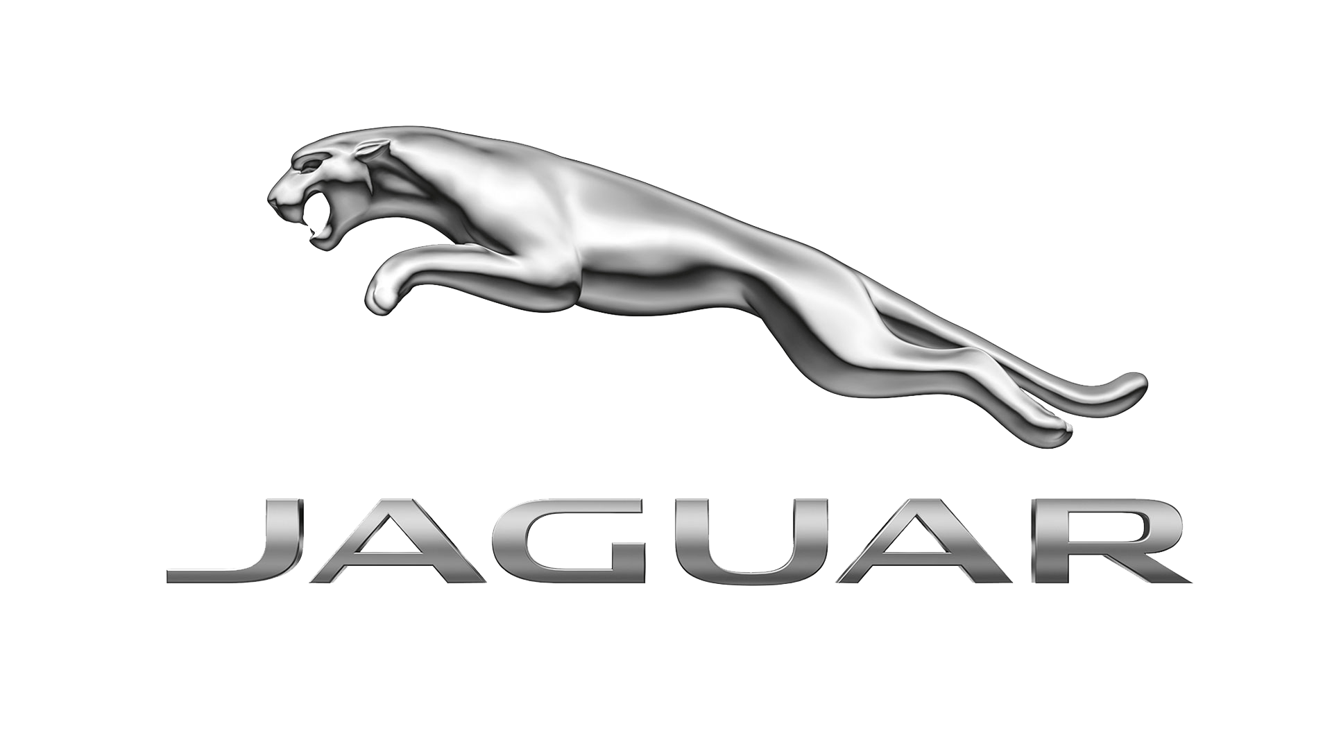 The jaguar logo is a silver jaguar jumping in the air.