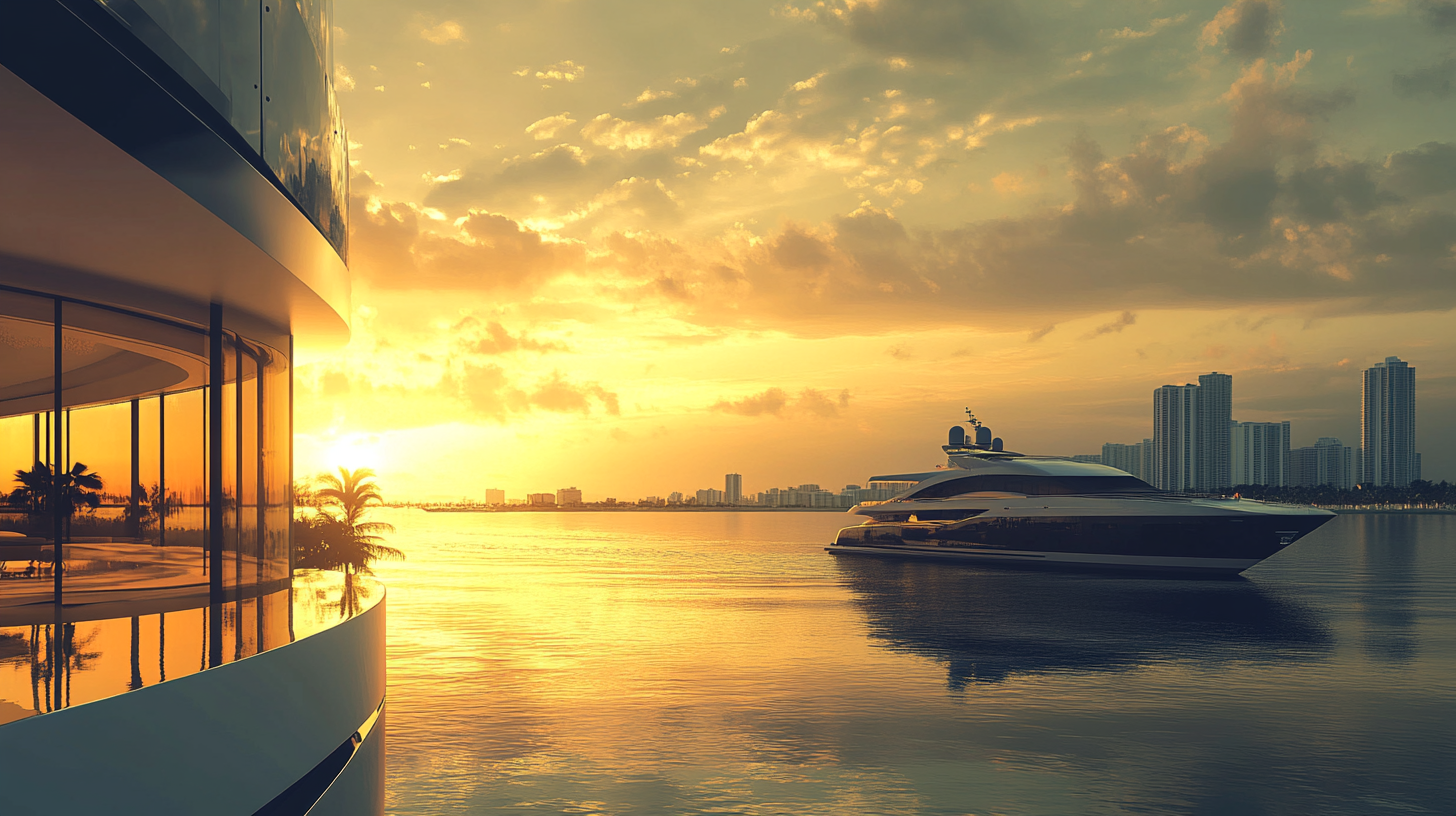 A large yacht is docked in a harbor at sunset.