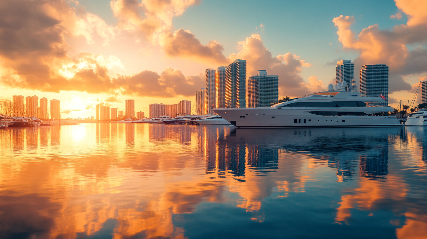 A large yacht is docked in a harbor at sunset.