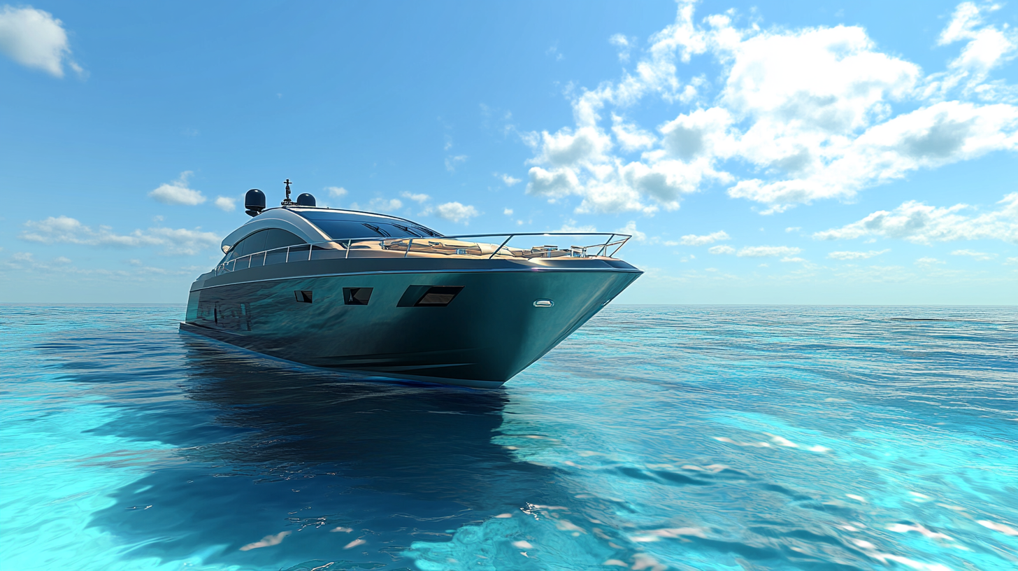 A large yacht is floating on top of a turquoise ocean.