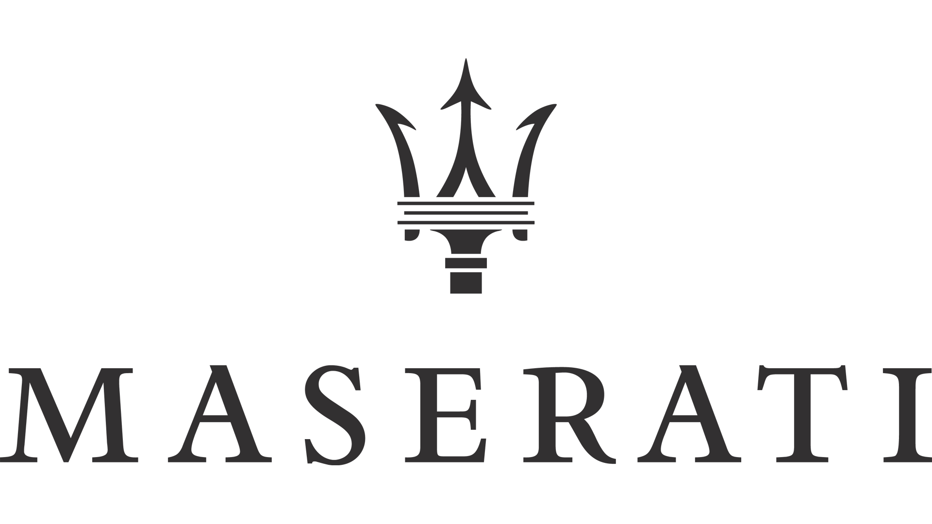 The maserati logo is black and white and has a trident on it.