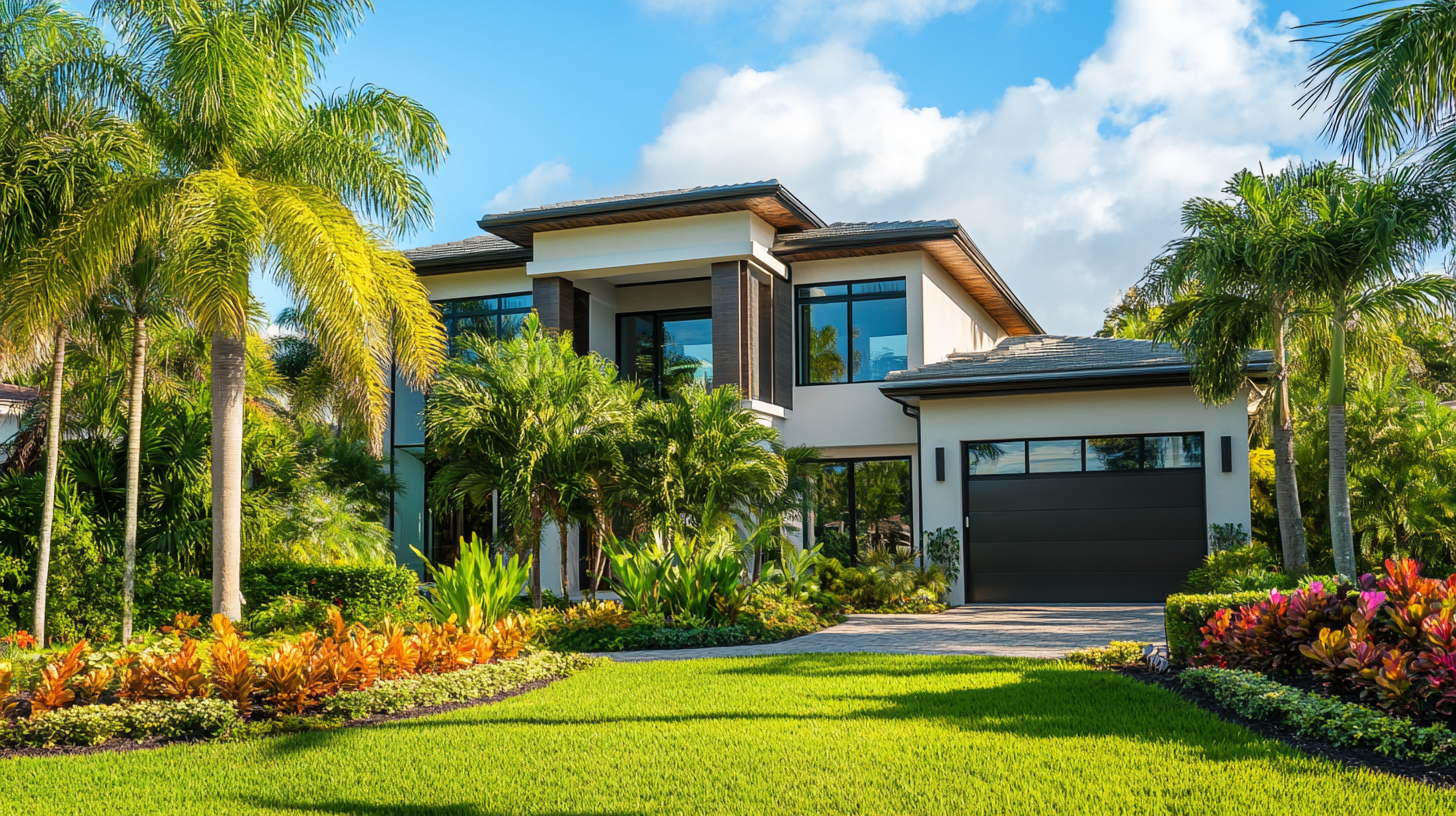 A large house with a lush green lawn and palm trees in front of it.