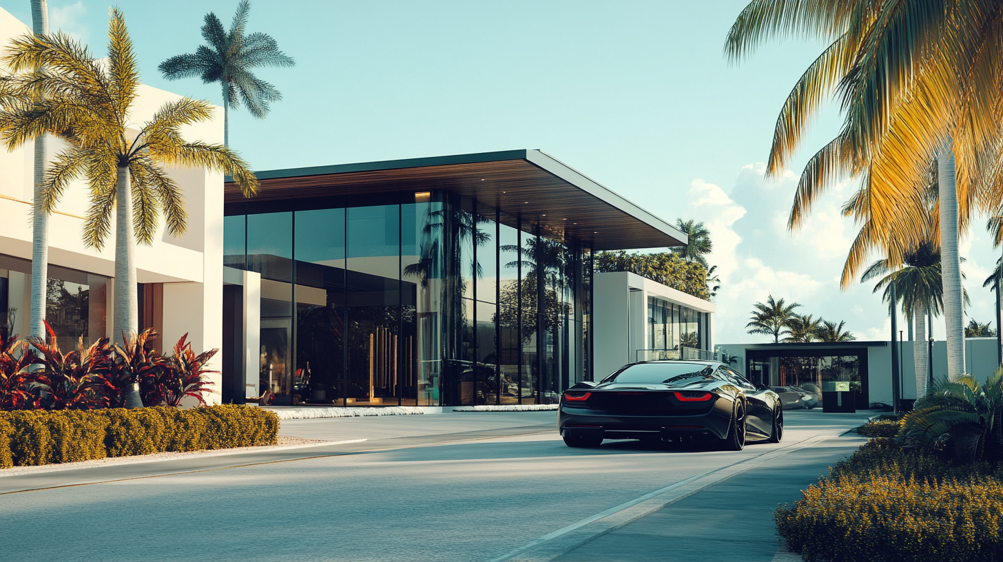 A car is parked in front of a building with palm trees.