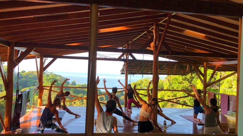 A group of people are doing yoga on a wooden floor.