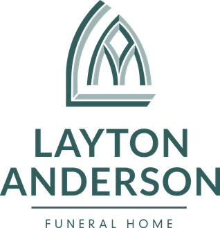 Logo for Layton Anderson Funeral Home: teal arch design over the name in dark teal, with a tagline 