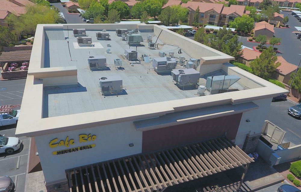 An aerial view of the roof of a cafe rio restaurant