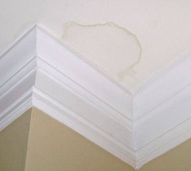 A ceiling with a stain on it and a white molding.