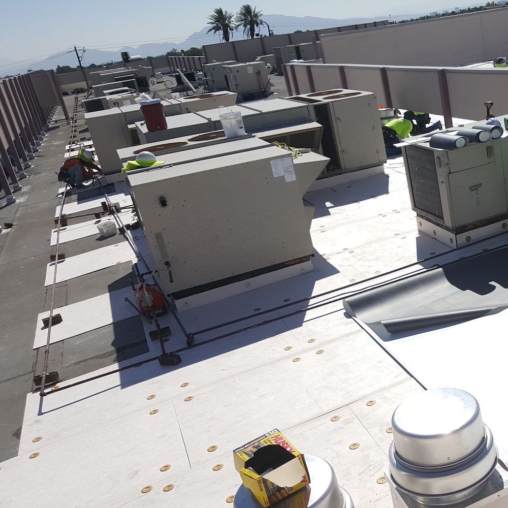 An aerial view of the roof of a building