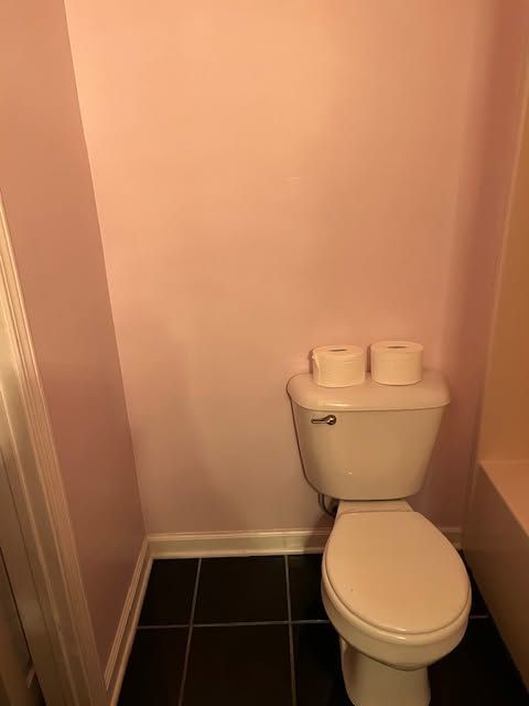 Small pink bathroom with a white toilet and two rolls of toilet paper on top.