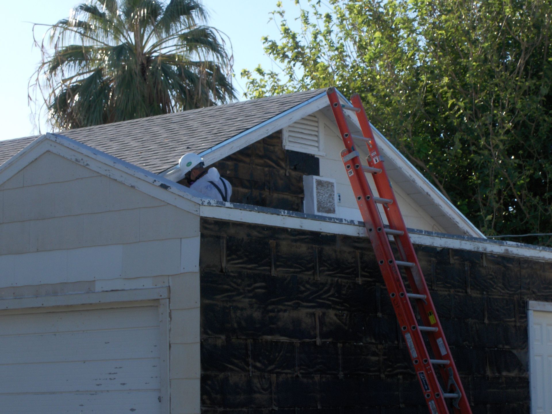 Red ladder leaning on a house roof during repairs, with exposed siding and a palm tree in the background.