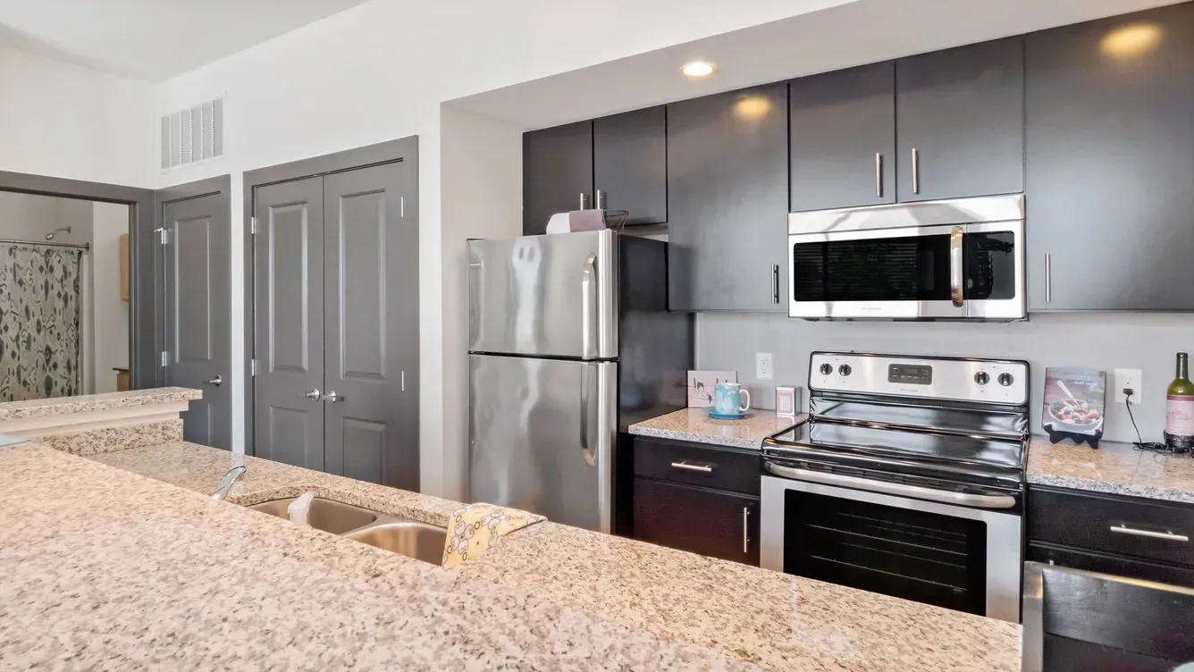 Modern kitchen with stainless steel appliances, granite countertops, and dark cabinetry.
