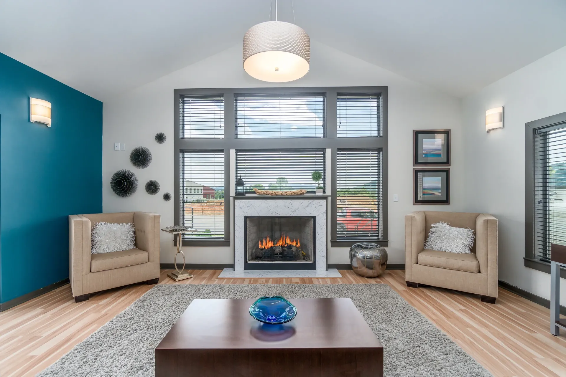 Living room with fireplace and seating