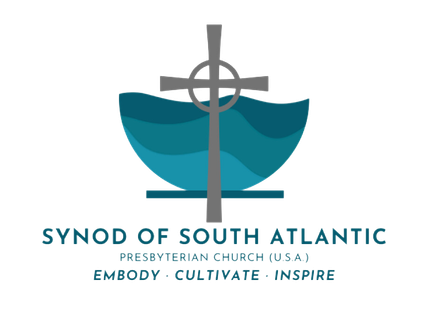 Logo of Synod of South Atlantic: gray cross over blue bowl with text and motto.
