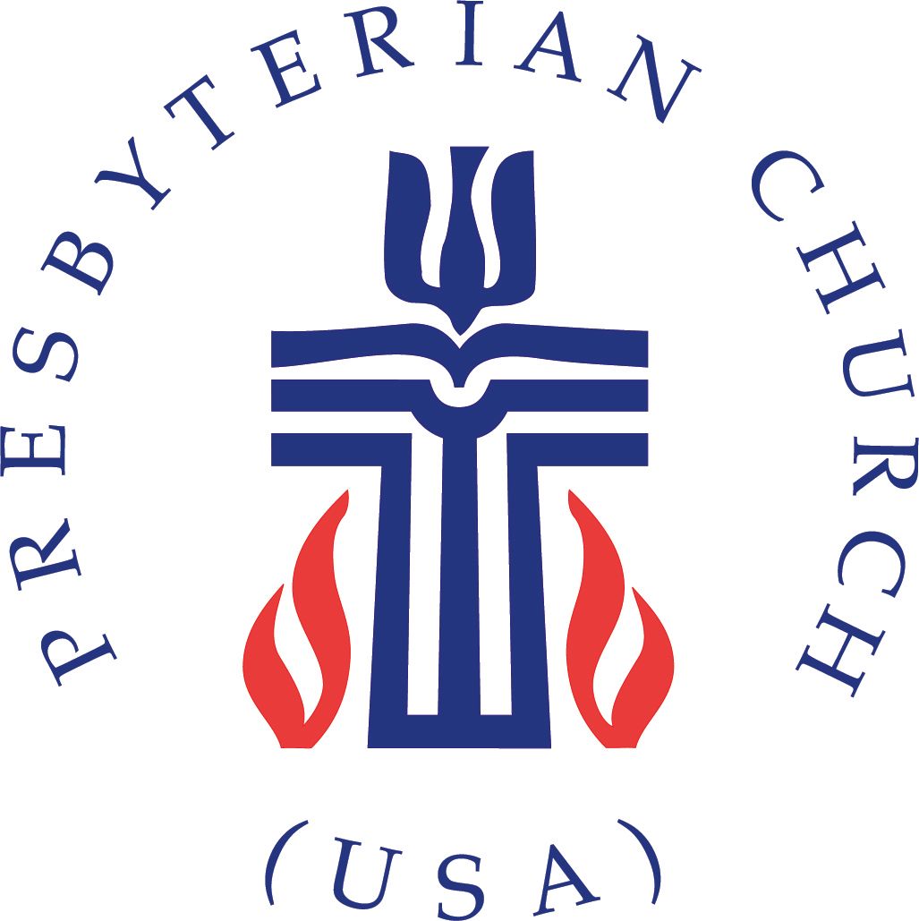 Presbyterian Church (USA) logo: Blue cross with flames, dove; blue text 
