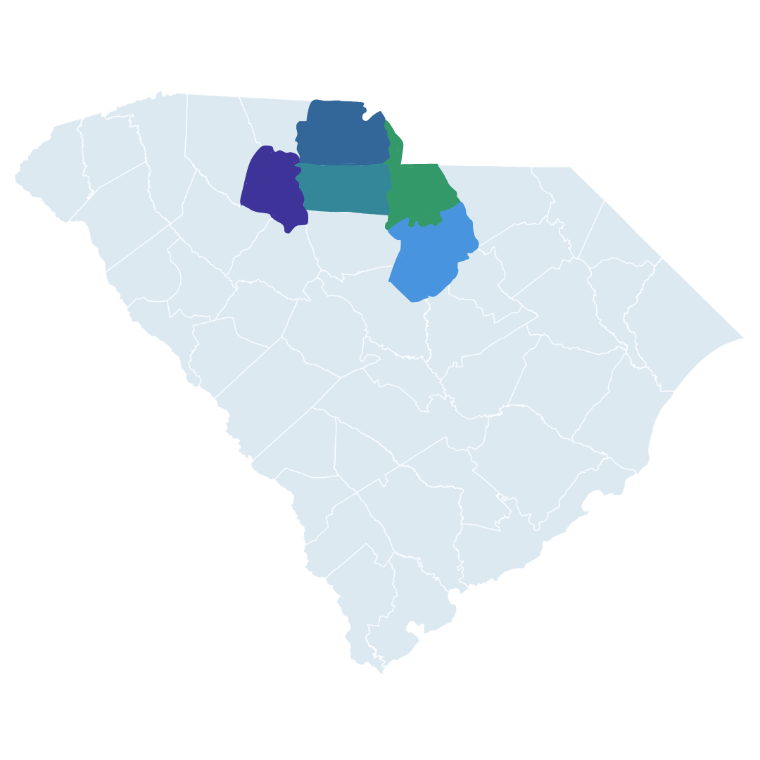 Map of South Carolina with the northern counties highlighted in shades of blue and green.