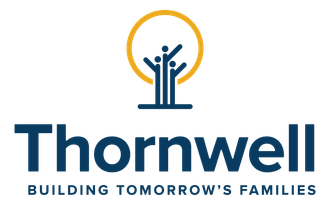 logo of a tree with family figures inside a yellow circle, dark blue text below:
