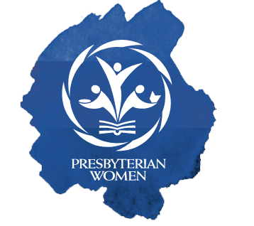 Presbyterian Women logo: Blue shape with a white circle containing figures around a book, text below.
