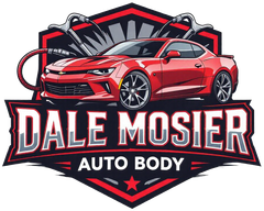 Dale Mosier Auto Body logo with a red sports car and bold black, red, and white lettering
