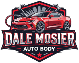 Dale Mosier Auto Body logo with a red sports car and bold black, red, and white lettering