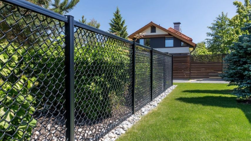 A black chain-link fence lines a garden bed with white gravel, bordering a bright green lawn and a distant suburban house.