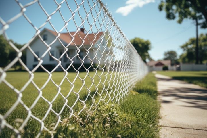 A chain-link fence runs along a sidewalk and green lawn leading toward a house under a clear blue sky.