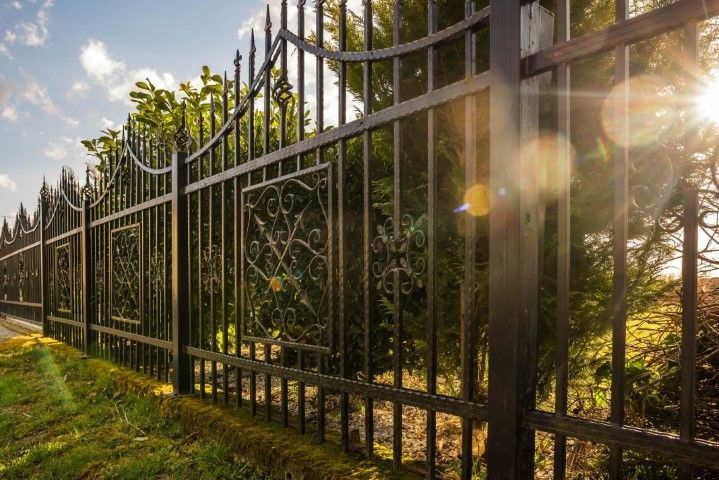 A black metal fence with ornate scrollwork panels, standing in front of green trees under a bright, sunny sky.