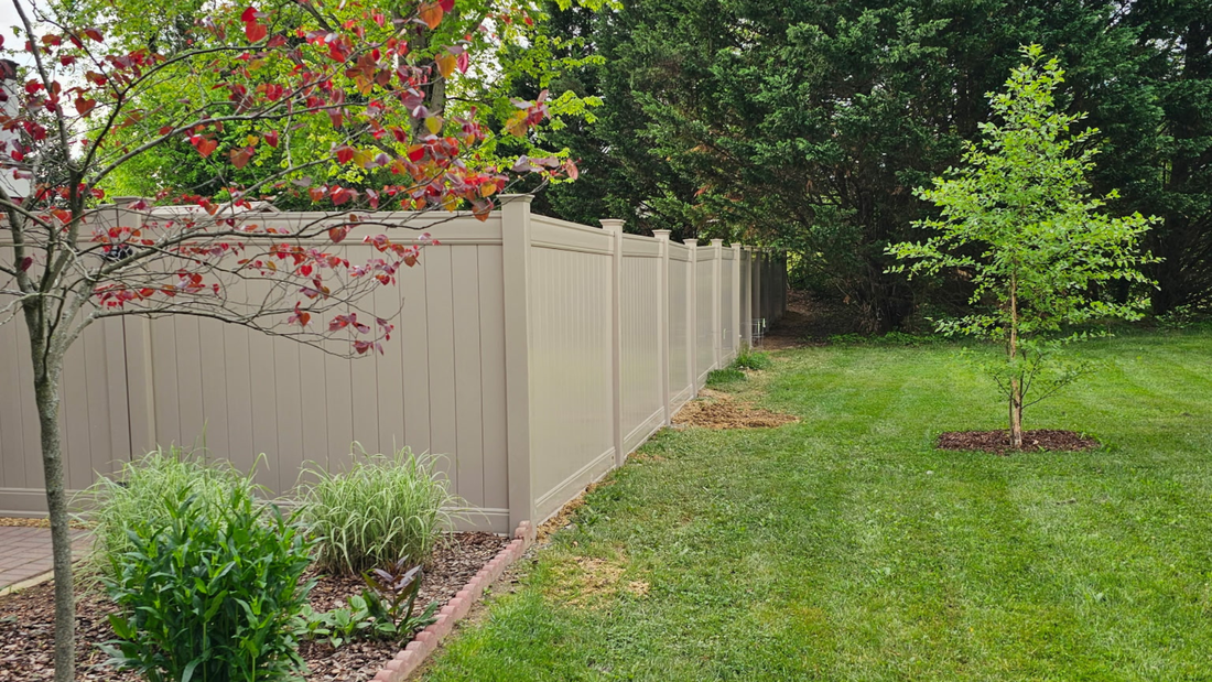 A tan privacy fence runs through a grassy backyard with a young tree in the center and foliage in the foreground.