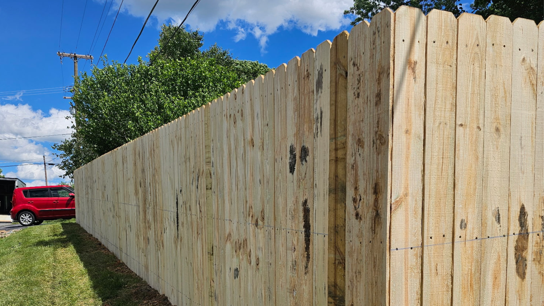 A tall, light-colored wooden picket fence stretches along a grassy area under a sunny blue sky with a red car nearby.