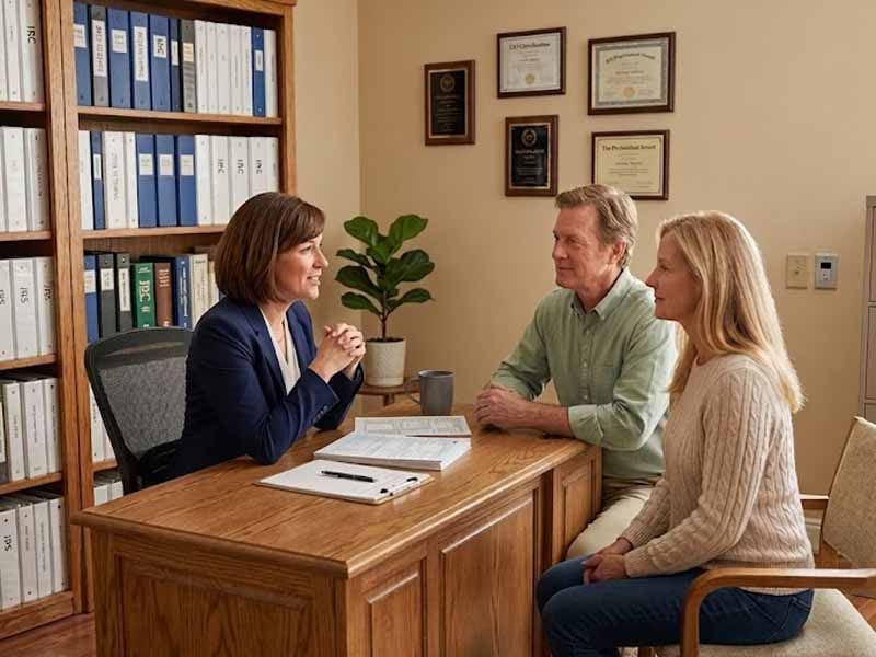 Couple discussing tax options with their professional tax preparer.