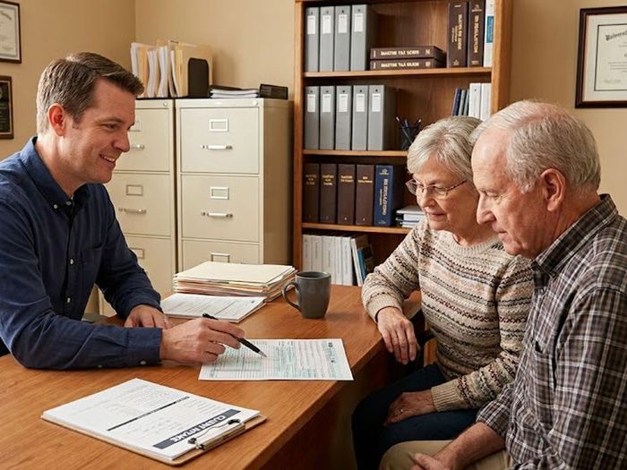 Tax professional sitting with a senior couple reviewing their financial forms.