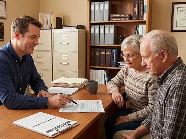 Tax professional sitting with a senior couple reviewing their financial forms.
