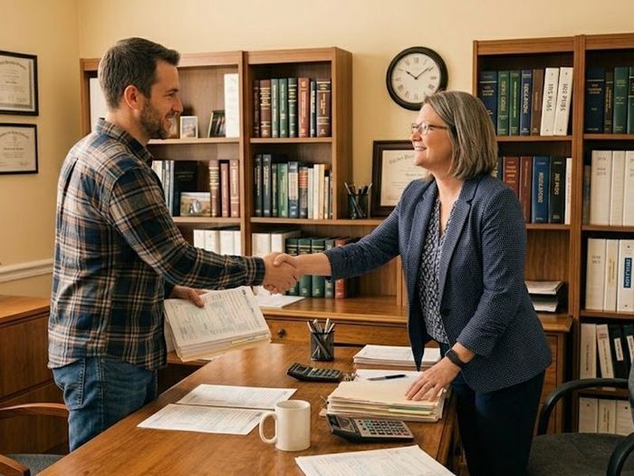 Young man shaking hands with his tax professional thanking her for preparing his taxes.