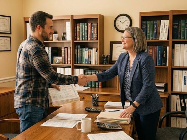 Young man shaking hands with his tax professional thanking her for preparing his taxes.