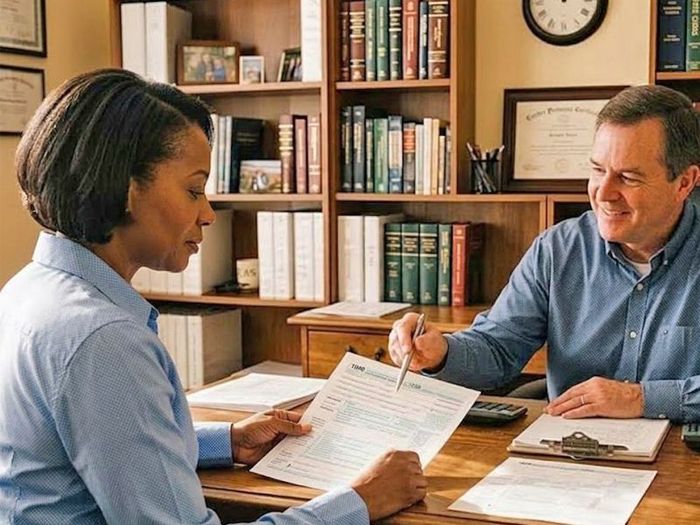 The tax preparer and a lady sitting at his desk. He is pointing out details on her federal and state tax return.