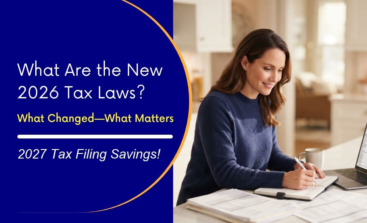 2026 tax law changes, a woman with paperwork on blue background & white text about the 2027 savings