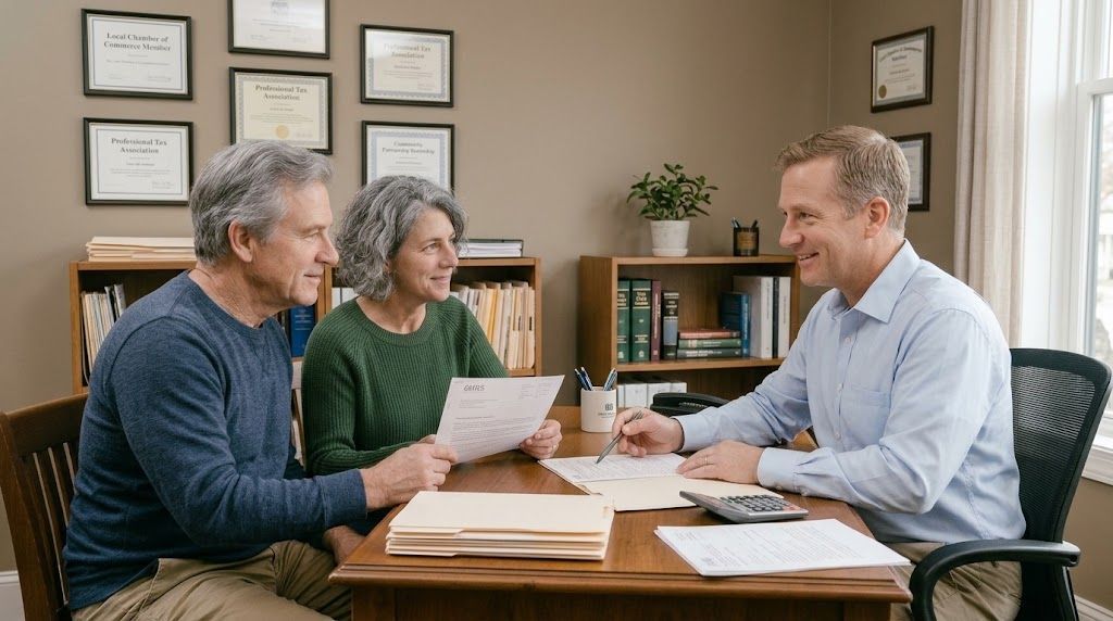 Couple at a tax prep office discussing tax debt with the tax preparer