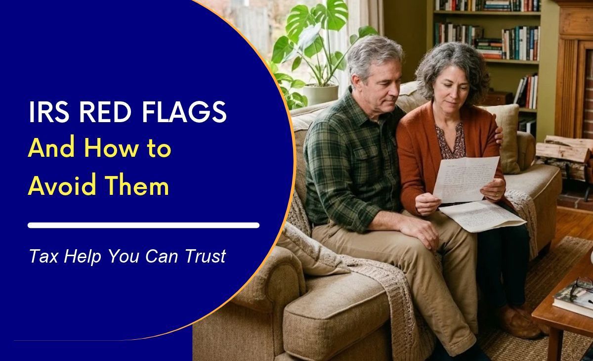 IRS red flags and how to avoid them, with a couple reviewing tax documents on a couch