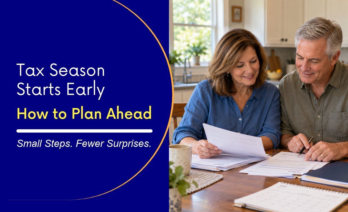 Tax season planning graphic with a couple reviewing documents at a table, blue text panel on left.