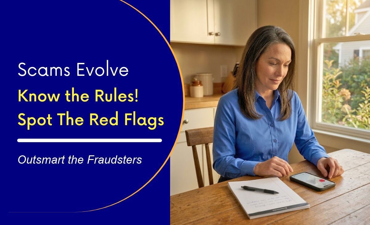 Scams Evolve, Know the Rules! Spot the Red Flags. Outsmart the Fraudsters. Woman with smartphone.
