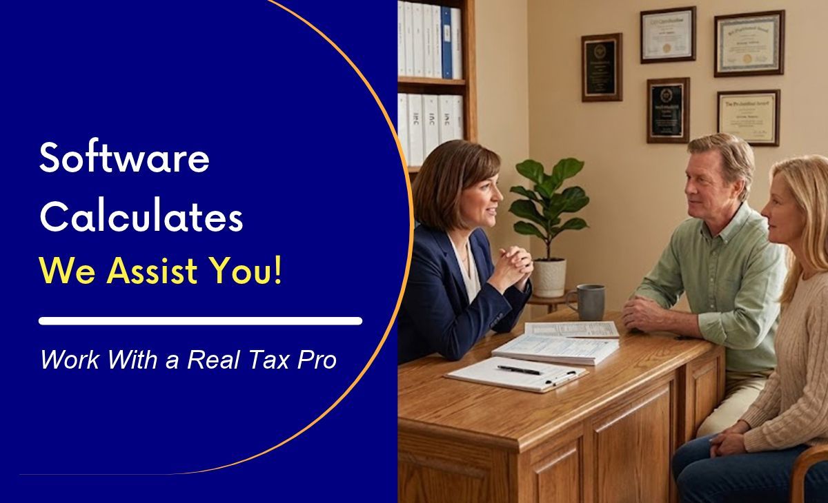 Tax professional consulting with a client in a bright office, illustrating human tax preparation.