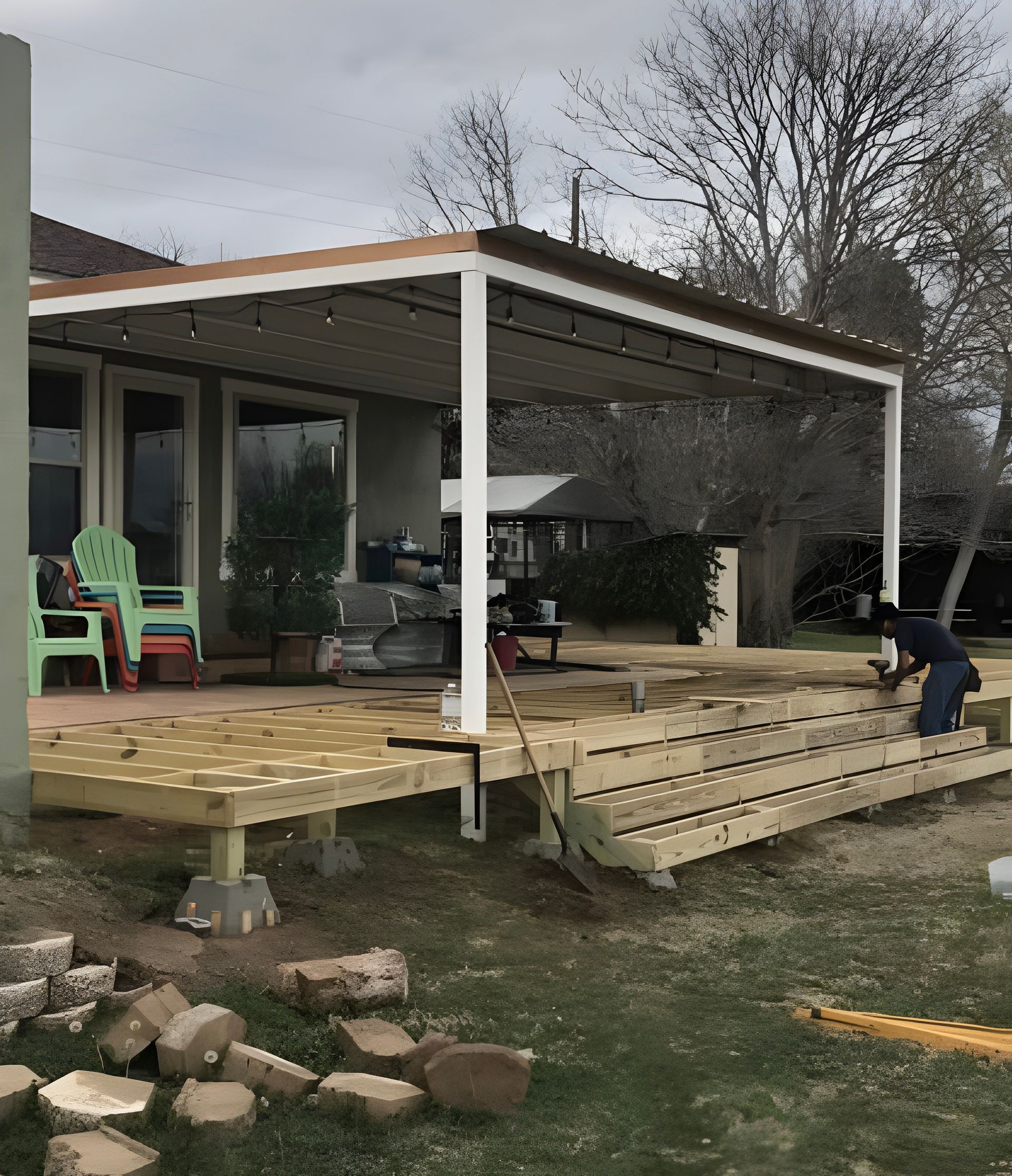 Backyard deck with wooden steps and white roof, chairs on the porch, person working at right