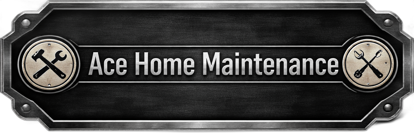 Black metal-style sign reading &ldquo;Ace Home Maintenance&rdquo; with crossed tools icons on both ends