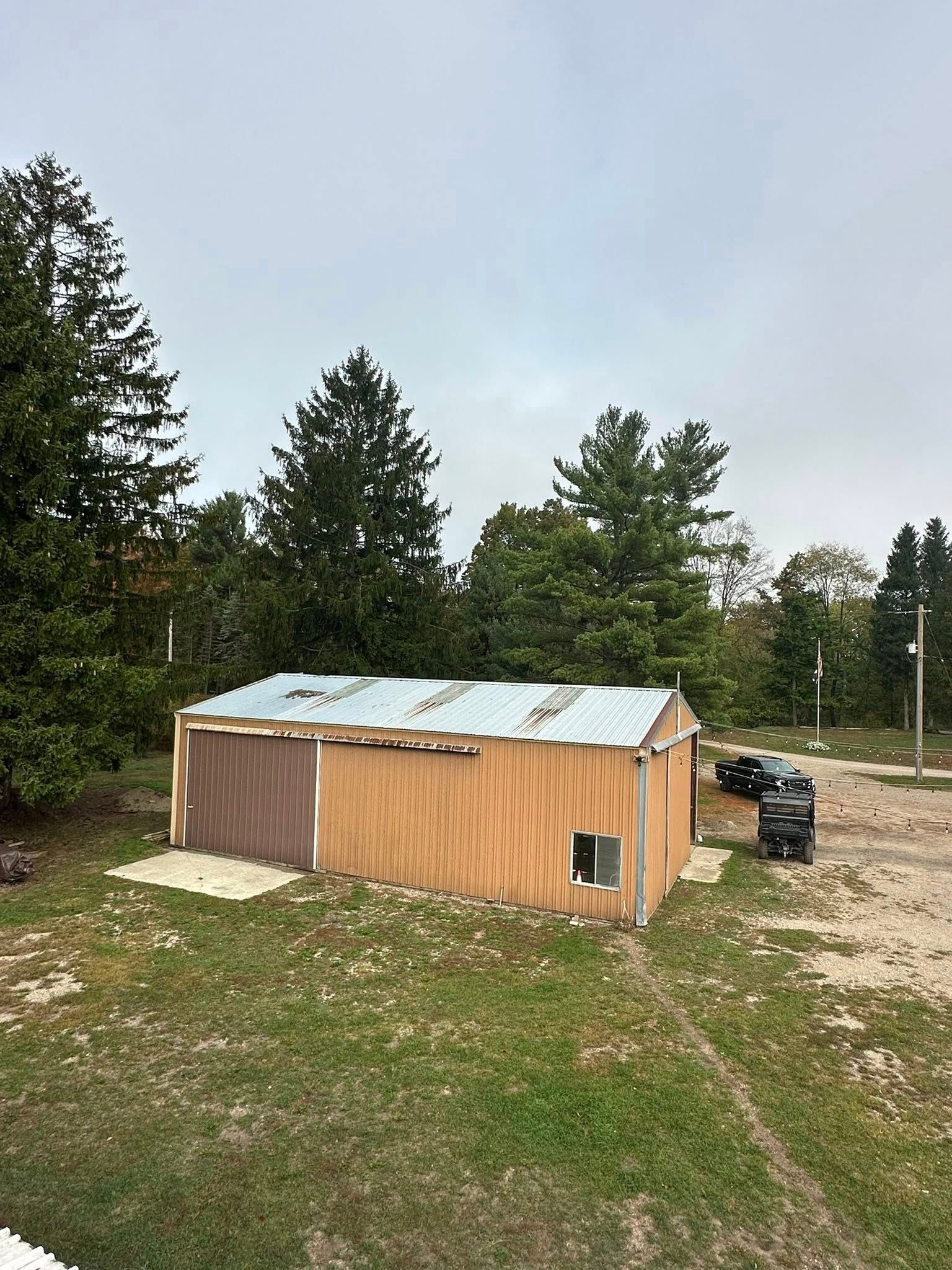 Small tan shed with a corrugated metal roof in a grassy clearing beside trees and a dirt track.