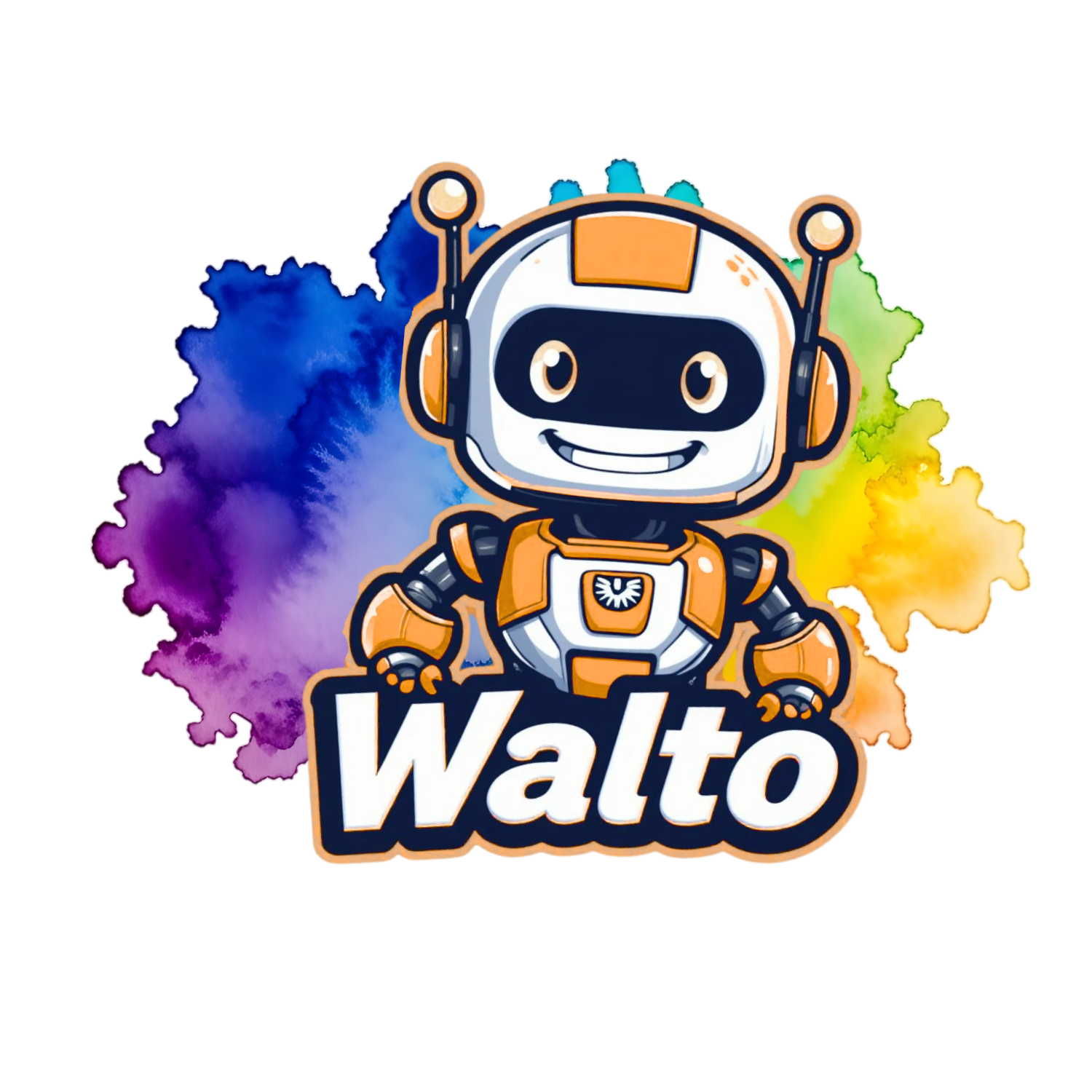 Un robot de dessin animé nommé « Walto », aux traits orange et blancs, sur un fond aquarelle.