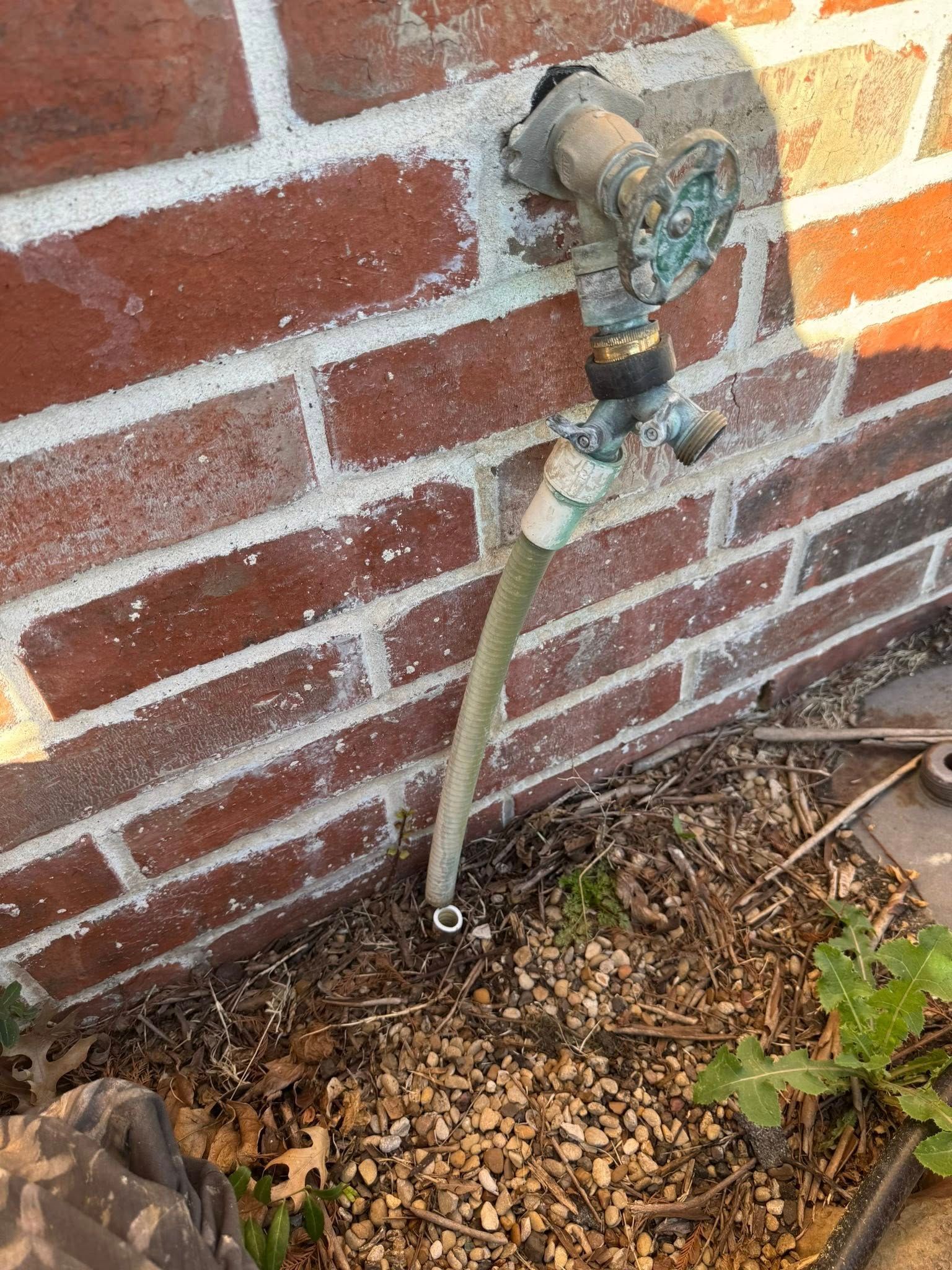 A weathered outdoor brass spigot attached to a brick wall, with a short, pale-colored hose extending down to the ground.