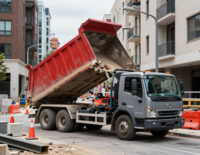 Un camión volquete descarga escombros en una calle de la ciudad rodeada de conos de tráfico naranjas y edificios.