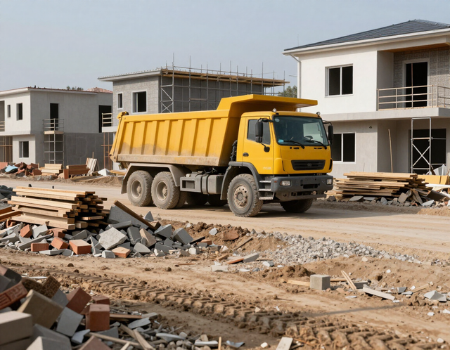 Camión volquete amarillo en una obra en construcción con casas sin terminar y escombros esparcidos.
